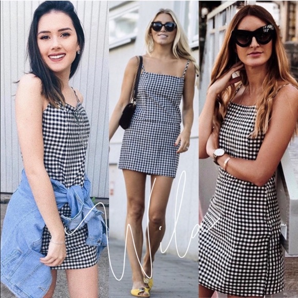 BONNIE🖤black white gingham plaid print cami dress - Picture 2 of 6